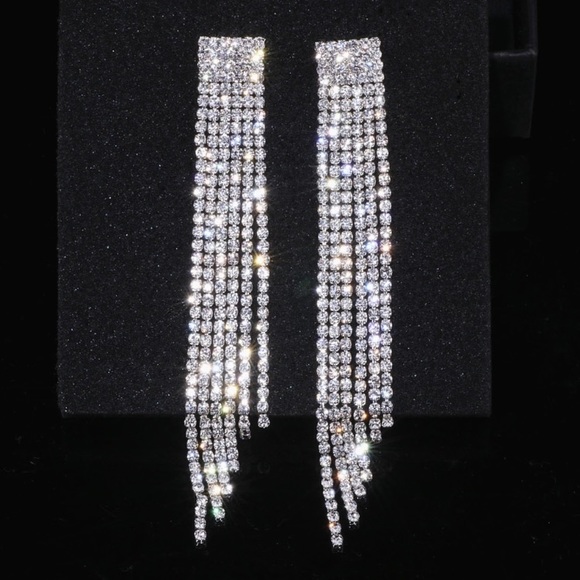 New! Long Rhinestone Tassel Earrings - Picture 3 of 10